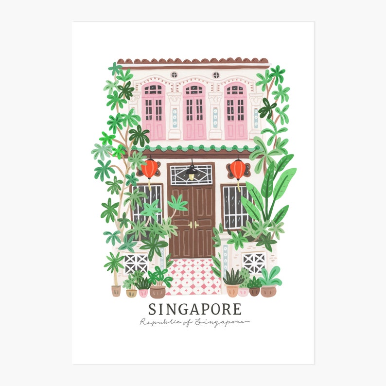 May include: A colorful illustration of a traditional Singaporean shophouse with pink doors and windows, surrounded by lush green plants. The text "SINGAPORE" and "Republic of Singapore" is written below the house.