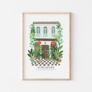 May include: A colorful illustration of a traditional Singaporean shophouse with a checkered floor, surrounded by lush greenery and red lanterns. The text "SINGAPORE" and "Republic of Singapore" is printed below the illustration.