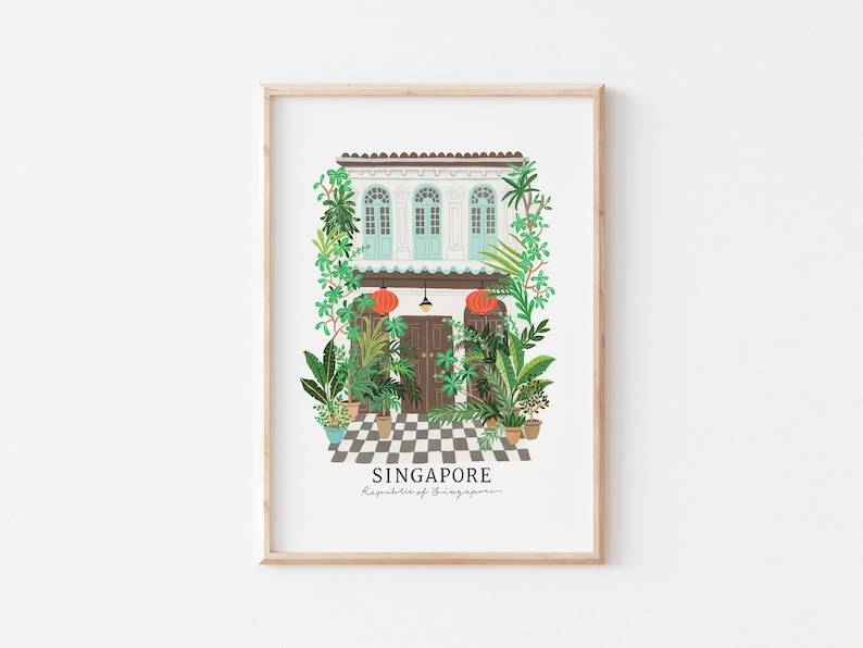May include: A colorful illustration of a traditional Singaporean shophouse with a checkered floor, surrounded by lush greenery and red lanterns. The text "SINGAPORE" and "Republic of Singapore" is printed below the illustration.