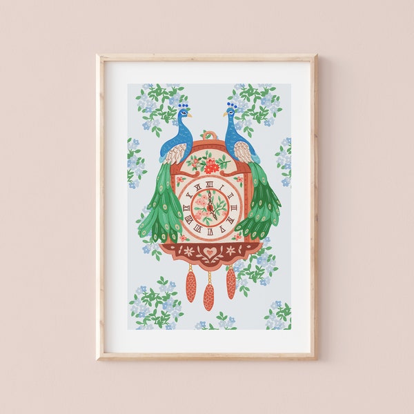 Peacock Clock | Cuckoo Clock illustration | Giclèe Art Print | Hoglet&Co