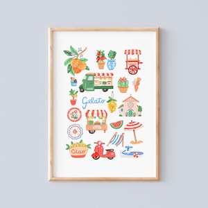 Puede incluir: Ilustración en acuarela de iconos con temática de helado italiano. Incluye un camión de helados verde, un carrito de helados, una iglesia, un scooter, una sombrilla y conos de helado. La palabra "Gelato" está escrita en cursiva. Enmarcado en un marco de madera clara.