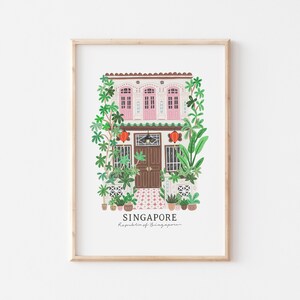 May include: A colorful illustration of a traditional Singaporean shophouse with pink walls, a brown door, and lush green plants. The text "SINGAPORE" and "Republic of Singapore" is written below the illustration.