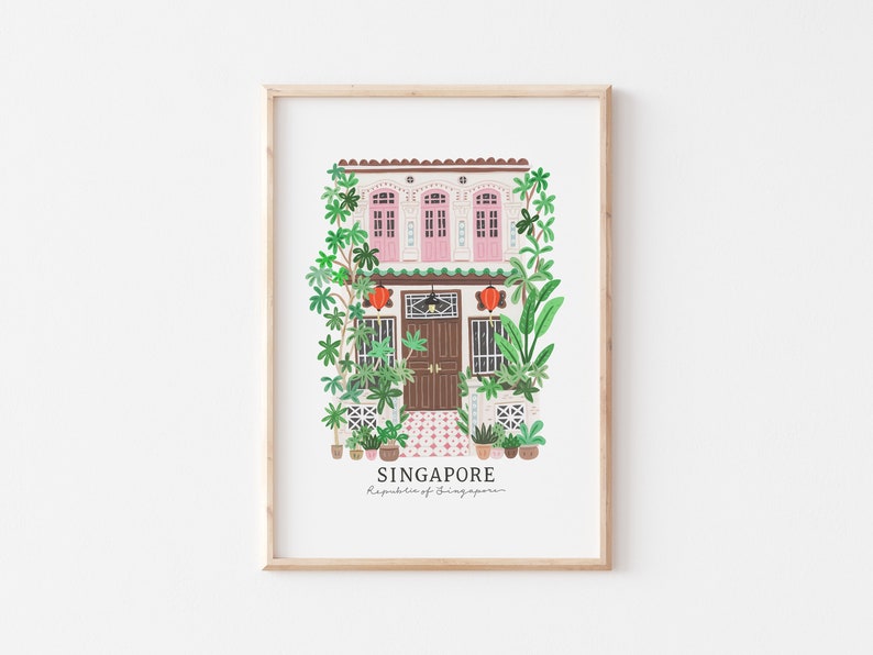 May include: A colorful illustration of a traditional Singaporean shophouse with pink walls, a brown door, and lush green plants. The text "SINGAPORE" and "Republic of Singapore" is written below the illustration.