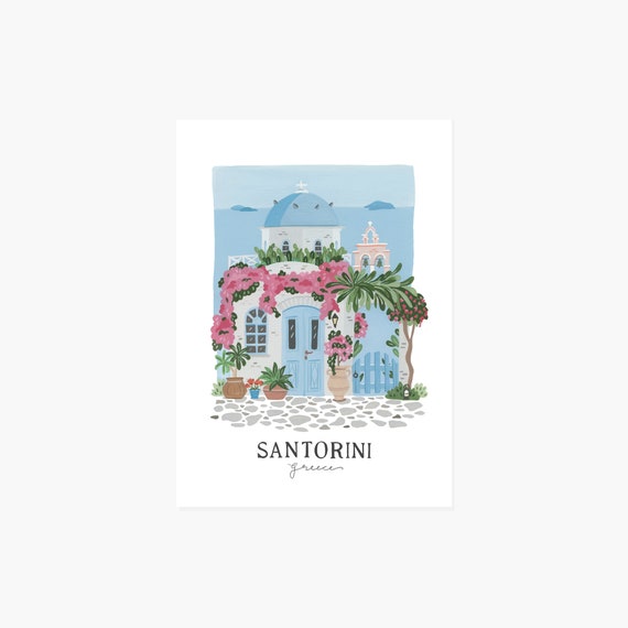 Santorini Greece Art Mini Print | Illustrated Art Print- Hoglet & Co.