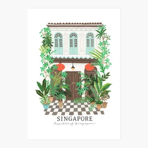 May include: A white building with a brown door and red lanterns, surrounded by lush green plants. The building has a checkered black and white floor and the text "SINGAPORE Republic of Singapore" is written below.