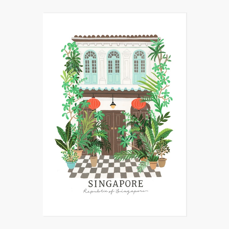 May include: A white building with a brown door and red lanterns, surrounded by lush green plants. The building has a checkered black and white floor and the text "SINGAPORE Republic of Singapore" is written below.
