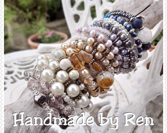 Handmade bracelet, memory wire bracelet, pearls, imitation pearls, glass beads, silver and bronze components