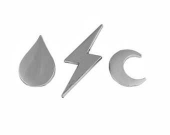 Silver Silhouette Pin Pack of 3 Tattoo Flash Art Tear Drop Bolt Moon Shapes Punk Midcentury