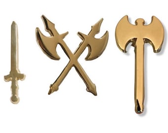 Gold Medieval Weapon Pin Set of 3 Sword, Battle Axe, Double Axe Lapel Pins Heavy Metal Tattoo Ax Punk