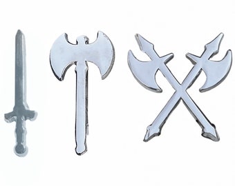 Silver Medieval Weapon Pin Pack of 3 Sword, Battle Axe, Double Axe Lapel Pins Heavy Metal Tattoo Punk Goth