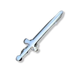 May include: A silver sword pin with a detailed design. The pin is a decorative accessory for clothing.