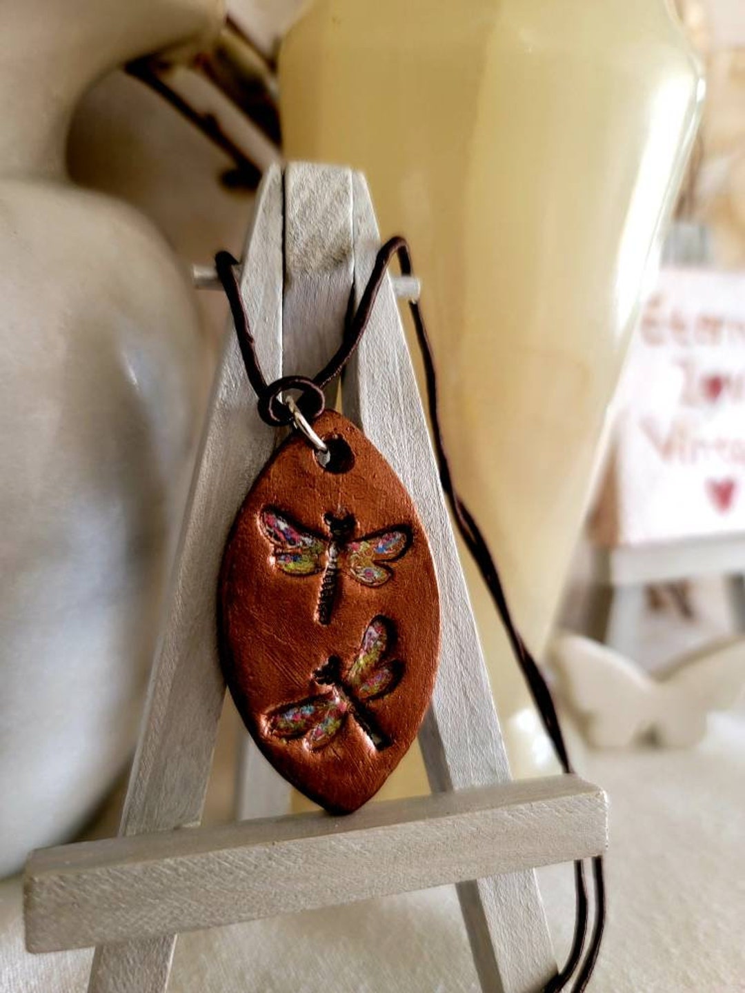 Natural Ceramic Clay Pendant in a Copper Dragonfly Theme. One of a Kind