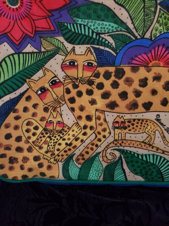 Vintage Laurel Burch tote bag with wooden cat dang