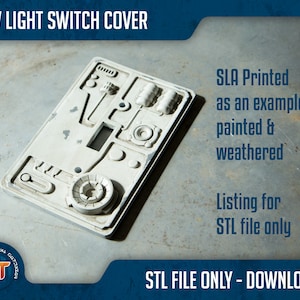 Puede incluir: Una cubierta de interruptor de luz de plástico blanco con un diseño detallado inspirado en un panel de control de nave espacial. La cubierta está pintada y desgastada para darle un aspecto realista. Archivo STL solamente - descarga.