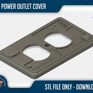 May include: A gray 3D printed power outlet cover with a Star Wars inspired design. The cover has two outlets and a small panel with a dial. The text "STL FILE ONLY - DOWNLOAD" is visible at the bottom of the image.