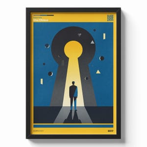 Peut inclure: Impression d'art encadrée avec une illustration stylisée d'une personne devant un trou de serrure. L'œuvre utilise du bleu, du jaune et du noir, avec des formes géométriques et le texte "Una Chiave". L'année 2017 est affichée en bas.