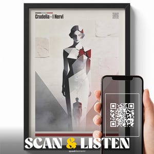 Peut inclure: Impression d'art encadrée avec une illustration géométrique d'une femme en robe blanche et détails rouges. Le titre est "Crudelia - I Nervi" et le texte "SCAN & LISTEN" est inclus. Un smartphone affiche un code QR.