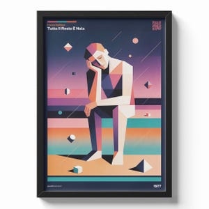 以下が含まれることがあります： 幾何学的なイラストが描かれた額入りのアートプリント。座って、頭を手に乗せている人物が描かれています。紫、オレンジ、ティールブルーの色使い。上部には「Tutto Il Resto È Noia」と書かれ、下部には「1977」と書かれています。