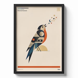 Può includere: Stampa artistica incorniciata raffigurante un uccello stilizzato con forme geometriche e un tema musicale. L'uccello ha un petto rosso, ali blu e un corpo pieno di elementi celesti e musicali. La stampa include il testo "Franco Battiato Cucurrucucù" e l'anno 1981.