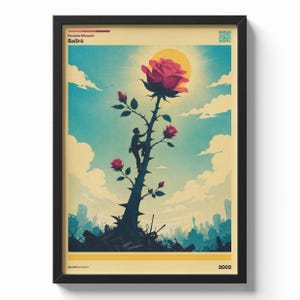 Può includere: Stampa artistica incorniciata con un'illustrazione stilizzata di una persona che si arrampica su uno stelo di rosa verso una grande rosa rossa, con un sole sullo sfondo. L'opera d'arte ha un'estetica vintage, con un paesaggio urbano e un cielo nuvoloso. Il testo "Daniele Silvestri Salirò" è in alto.