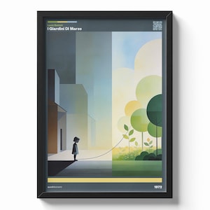 Può includere: Stampa artistica incorniciata intitolata "I Giardini Di Marzo" di Lucio Battisti. L'opera raffigura un bambino in una scena urbana, con una vista contrastante di un parco. La tavolozza dei colori comprende blu, verdi e gialli.