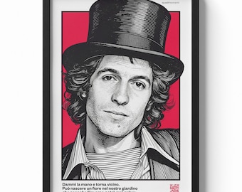 Quadrisonanti - Ritratto Rino Gaetano poster con QR code | Stampa musicale Scan & Listen | Regalo originale cantautore italiano | Wall art