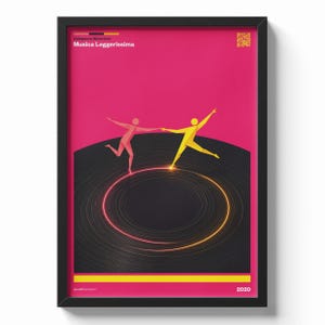 May include: A framed poster with a vibrant pink background featuring two stylized figures dancing on a black vinyl record. The text reads Colapesce Dimartino, Musica Leggerissima, and 2020. A glowing circular light effect surrounds the center of the record.