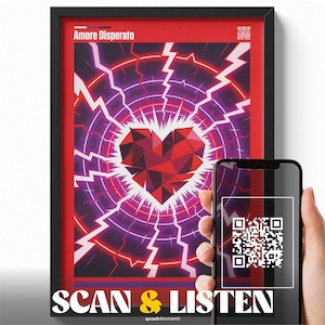 Amore Disperato Nada Poster, Italian Music Wall Art with QR Code, Neon Heart Illustration Print, Pop Love Art, Modern Decor