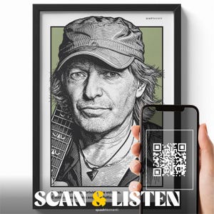 Quadrisonanti – Vasco Rossi Porträtposter mit QR-Code | Musikdruck zum Scannen und Anhören | Geschenk für italienische Rockmusik | Wandbild des Sängers