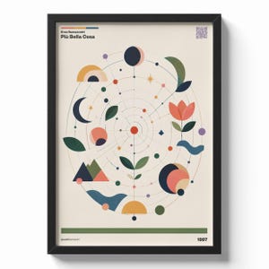 Könnte beinhalten: Ein gerahmtes Poster mit cremefarbenem Hintergrund und einem zentralen kreisförmigen Gittermuster. Es zeigt bunte geometrische Formen wie Monde, Berge, eine Blume und abstrakte Figuren. Der Text lautet Eros Ramazzotti, Più Bella Cosa und 1997.