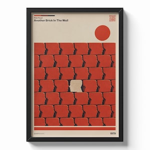 Può includere: Un poster incorniciato con sfondo color crema e un motivo ripetuto di sagome rosse di teste umane disposte come mattoni. Una testa al centro è color crema. Il testo riporta Pink Floyd, Another Brick In The Wall e 1979.