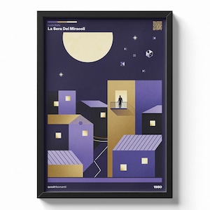 Può includere: Stampa artistica incorniciata raffigurante una scena notturna stilizzata con edifici nei toni del viola, oro e nero sotto una grande luna giallo pallido. La stampa include il testo "La Sera Dei Miracoli" e l'anno "1980".