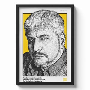 Quadrisonanti - Ritratto Pino Daniele poster con QR code | Stampa musicale Scan & Listen | Regalo originale musica napoletana | Wall art