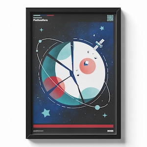 Puede incluir: Impresión artística enmarcada con una ilustración estilizada de un planeta con un satélite, estrellas y formas geométricas. La obra de arte incluye el texto "Caparezza Pathosfera" y el año "2025". La paleta de colores incluye azul, rojo y blanco.