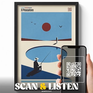 De Visser – Fabrizio De André Poster, Italiaanse muziek muurdecoratie met QR-code, minimalistische illustratie van een zeelandschap, decoratie in vintage stijl.