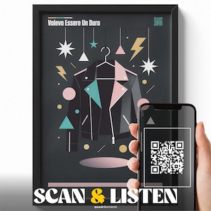 Peut inclure: Impression d'art encadrée avec un fond noir, représentant un blouson en cuir noir et rose stylisé. L'impression comprend le texte "Volevo Essere Un Duro" et "SCAN & LISTEN". Un smartphone affiche un code QR.