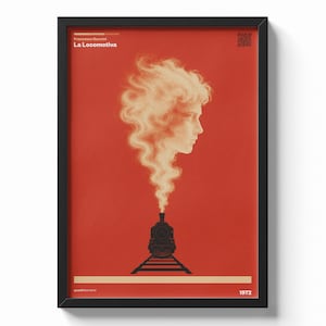 Può includere: Un poster incorniciato con sfondo rosso raffigurante una locomotiva a vapore nera su binari in basso. Un pennacchio di fumo bianco si alza dal treno, formando il profilo di un volto. Il testo include Francesco Guccini, La Locomotiva e 1972.