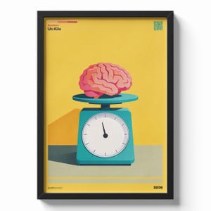 Może przedstawiać: Oprawiony plakat przedstawiający różowy mózg na turkusowej wadze kuchennej na żółtym tle. Tekst zawiera napisy Zucchero, Un Kilo oraz 2006. W prawym górnym rogu znajduje się mały kod QR. Projekt utrzymany w płaskim stylu graficznym.