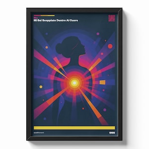 Può includere: Stampa artistica incorniciata con una silhouette e un design a scoppio colorato. L'opera d'arte presenta testo in alto e in basso, con una combinazione di colori blu, arancione e giallo. La stampa è in una cornice nera.