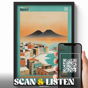 Poster Napule È Pino Daniele, Napoli Wall Art con Vesuvio, Italian Music Poster con QR Code, Coastal Italy Art Print