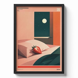 Può includere: Stampa artistica incorniciata raffigurante una scena di camera da letto stilizzata. Una fragola a metà riposa su un cuscino. L'opera d'arte include una finestra con un cielo notturno, una luna piena e il testo "Vasco Rossi E..." e "2004". La tavolozza dei colori è principalmente rosa, arancione e verde scuro.