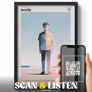 Può includere: Stampa artistica incorniciata con il testo "Come Mai" e una figura geometrica di una persona con un cuore luminoso. L'opera d'arte viene scansionata con uno smartphone. Le parole "SCAN & LISTEN" sono in basso.