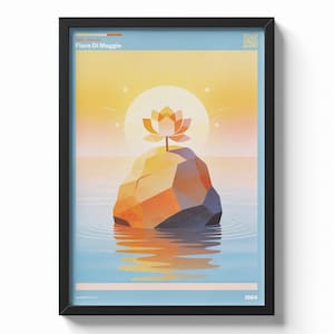 Può includere: Stampa artistica incorniciata con un'illustrazione geometrica di un fiore di loto su una roccia nell'acqua. L'opera d'arte utilizza una calda tavolozza di colori con un'alba o un tramonto sullo sfondo. Il testo "Fiore Di Maggio" è visibile.