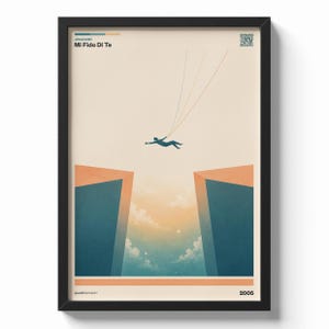 Può includere: Stampa artistica incorniciata con un'illustrazione minimalista di una figura che cade tra due strutture. L'opera d'arte include il testo "Jovanotti Mi Fido Di Te" e l'anno 2005. La tavolozza dei colori include sfumature di blu, arancione e beige.