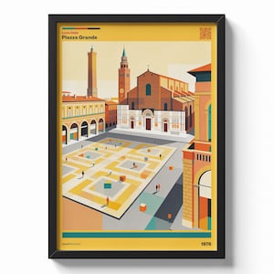 Puede incluir: Impresión artística enmarcada de la Piazza Grande en Bolonia, Italia, en un estilo retro. La obra presenta un fondo amarillo con una ilustración detallada de la plaza, los edificios y las personas. El texto "Lucio Della Piazza Grande" está en la parte superior.