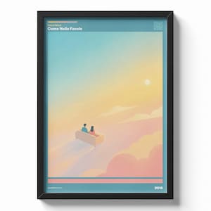 Può includere: Stampa artistica incorniciata con una coppia su un divano che fluttua in un cielo pastello. L'opera d'arte include il testo "Vasco Rossi Come Nelle Favole" e l'anno 2016. La tavolozza dei colori comprende blu, giallo, rosa e arancione.