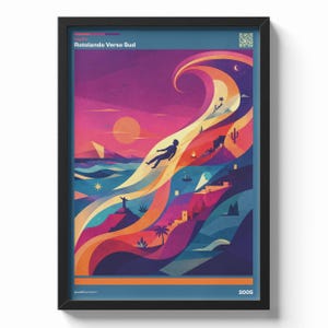 Può includere: Stampa artistica incorniciata con un paesaggio vibrante e stilizzato. L'opera presenta una persona che scivola su un'onda colorata, con un tramonto, l'oceano e degli edifici. Il testo "Rotolando Verso Sud" è in alto e l'anno "2005" in basso.