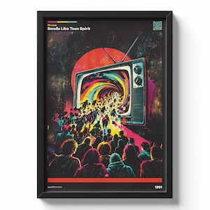 Może przedstawiać: Oprawiony plakat przedstawiający stary telewizor emitujący kolorowy, wirujący strumień światła. Tłum sylwetek porusza się w stronę ekranu na ciemnym tle. Tekst zawiera napisy Nirvana, Smells Like Teen Spirit oraz rok 1991.