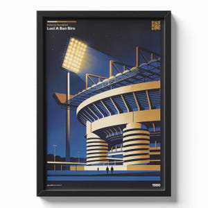 Può includere: Stampa artistica incorniciata con un'illustrazione stilizzata di uno stadio di notte. L'opera d'arte ha un'estetica retrò con un cielo blu scuro, luci brillanti dello stadio e il testo "Roberto Vecchioni Luci A San Siro". È visibile anche l'anno 1980.