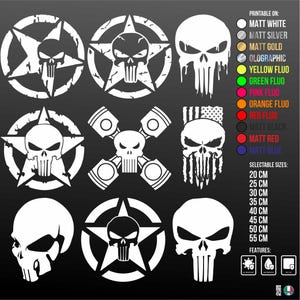 x2 Adesivi Sticker PUNISHER TESCHIO Stella Militare, Auto, Pickup, Cofano, 4x4, OffRoad, Jeep, Murale, Moto, Camper, Laptop, Home Decor, pvc